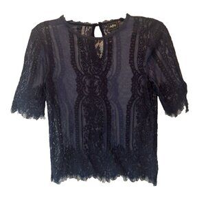 Womens Navy Blue Lace Mesh Sheer Top XS Feminine Dark Romantic Fairy Whimsical